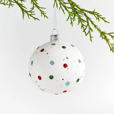 Red and Green Glitter Dot White Glass Ball Christmas Tree Ornament, Set of 4