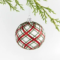 Red and Green Glitter Plaid White Glass Ball Christmas Tree Ornament