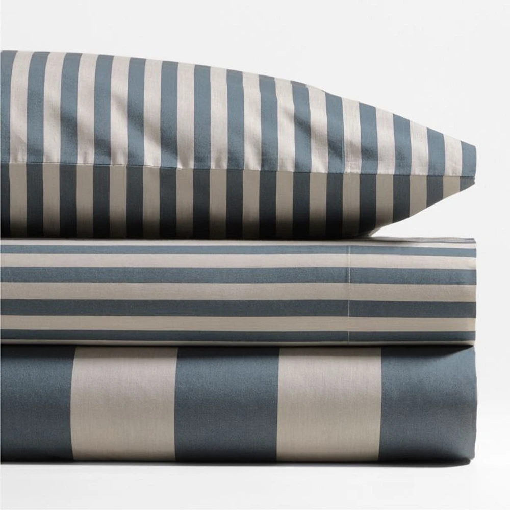 Riviera Slate Blue and Oatmeal Stripe Organic Cotton Kids Twin Sheet Set