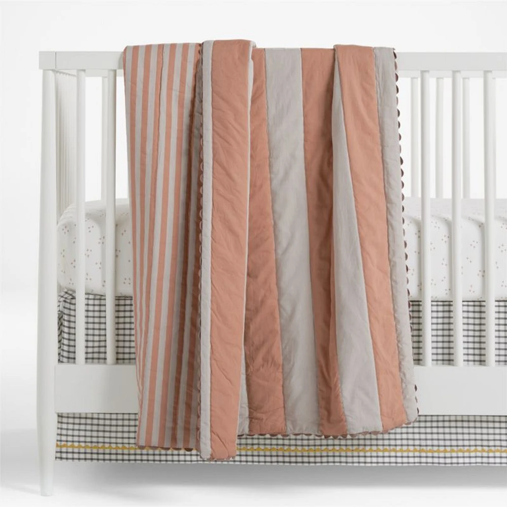 Riviera Terracotta Pink and Oatmeal Stripe Organic Cotton Reversible Baby Crib Quilt