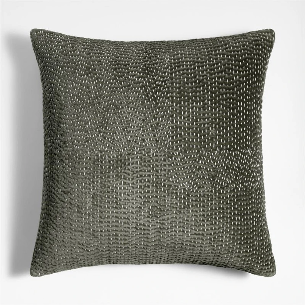 Sashiko Organic Cotton Velvet 20x20 Burnt Green Throw Pillow Cover