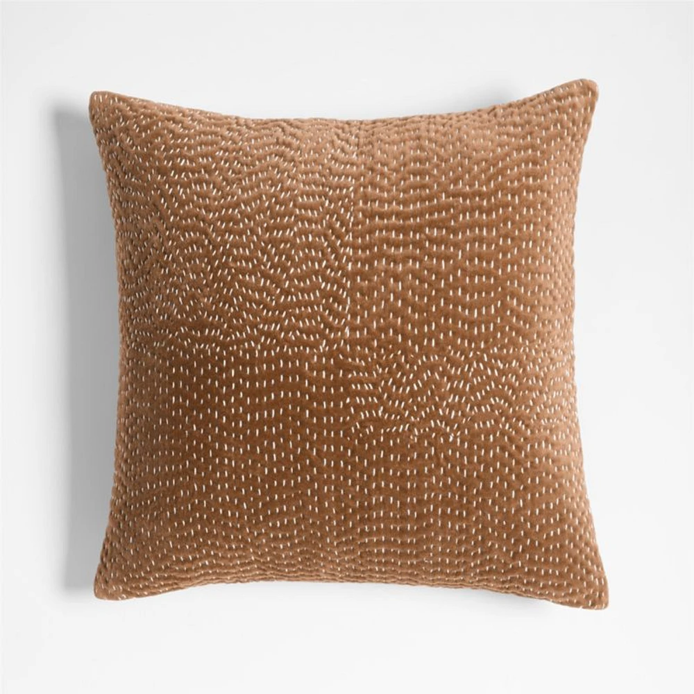 Sashiko Organic Cotton Velvet 20x20 Camel Tan Throw Pillow Cover
