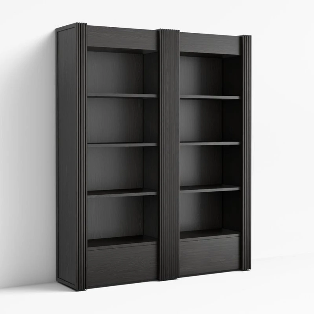 Siena 68" Black Wood 4-Shelf Storage Bookcase with Drawer, Set of 2