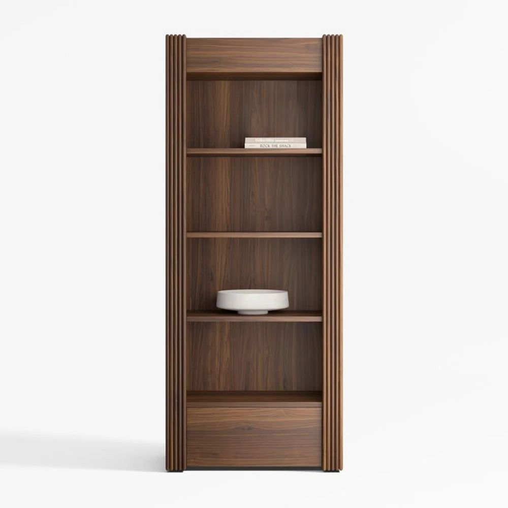 Siena 34" Walnut Wood 4-Shelf Storage Bookcase with Drawer