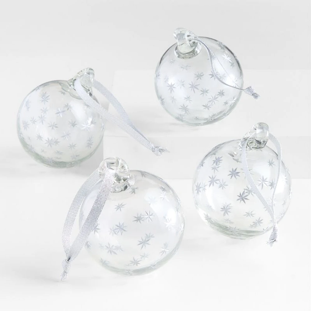Silver Etched Star Balls Christmas Ornaments, Set of 4