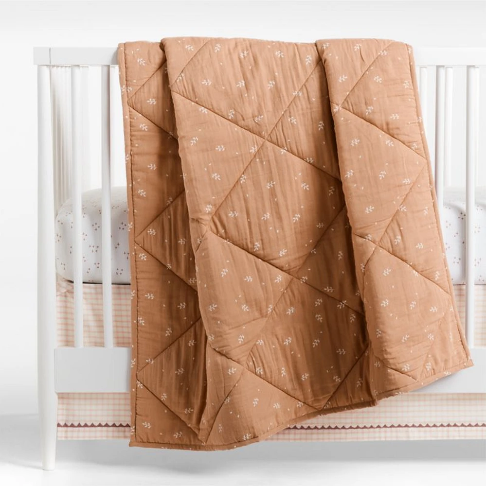 Supersoft Terracotta Leaf Print Organic Cotton Gauze Baby Crib Quilt