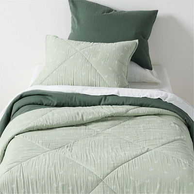Supersoft Muted Teal Leaf Print Organic Cotton Gauze Kids Twin Quilt