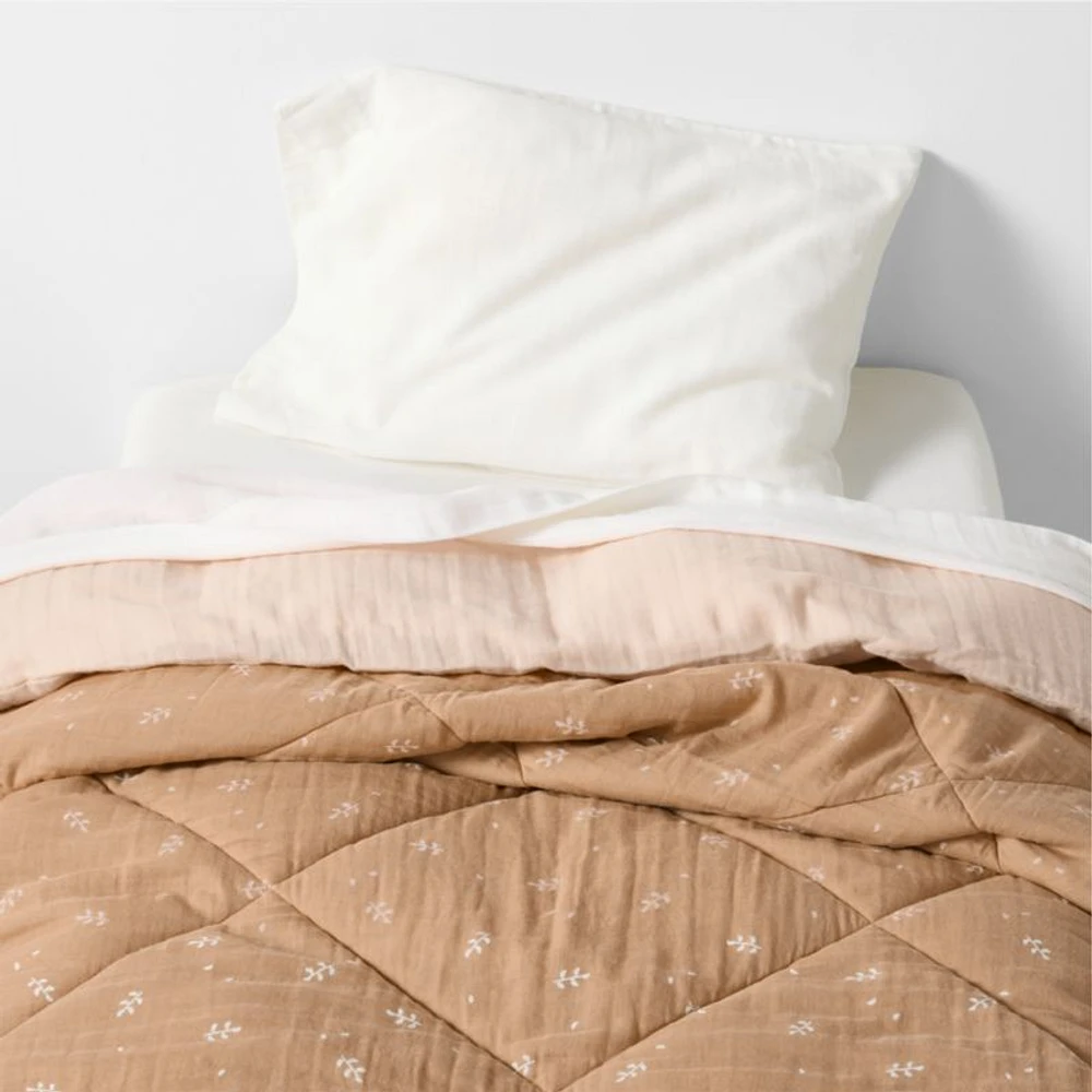 Supersoft Terracotta Leaf Print Organic Cotton Gauze Baby Crib Quilt