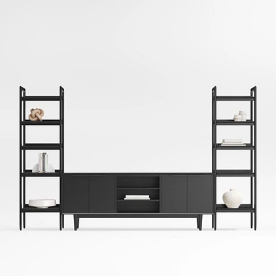 Tate 124" Black Wood Storage Media Console and Bookshelf Set