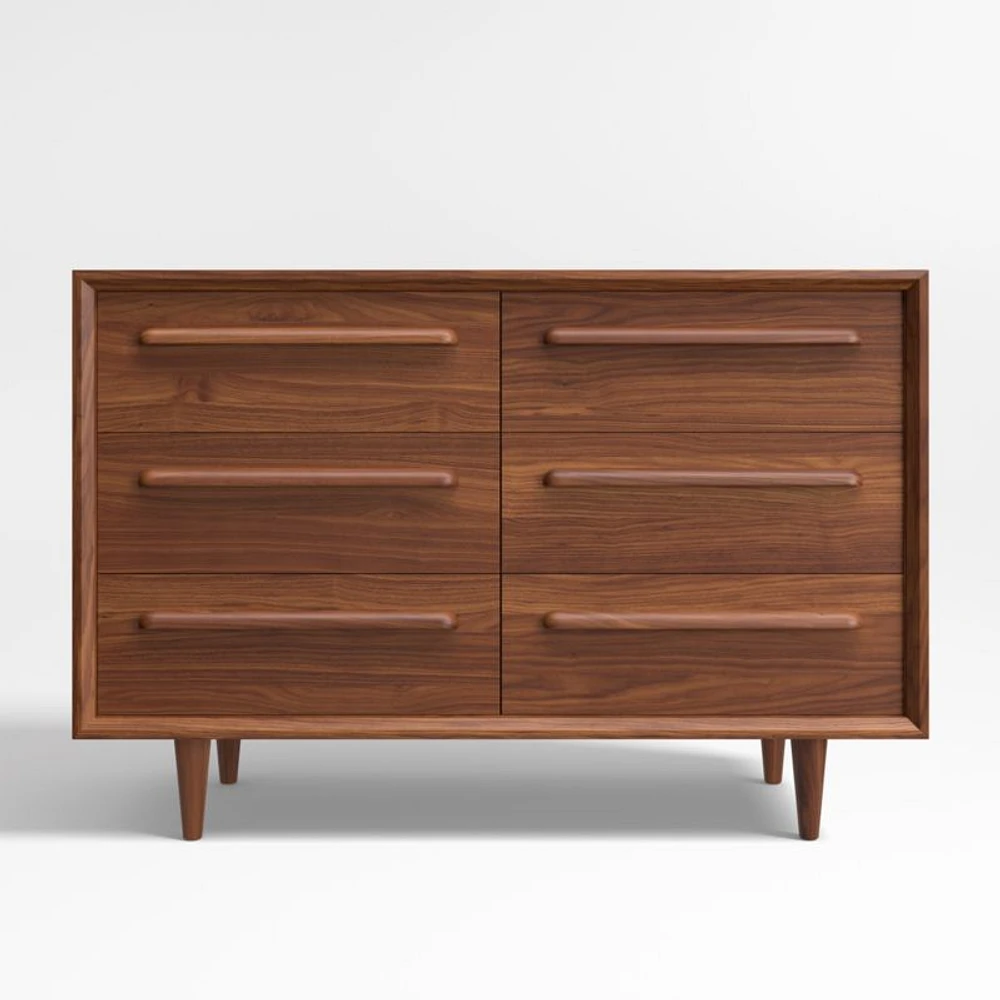 Tatum 52" Walnut Mid-Century Kids Wood 6-Drawer Wide Dresser