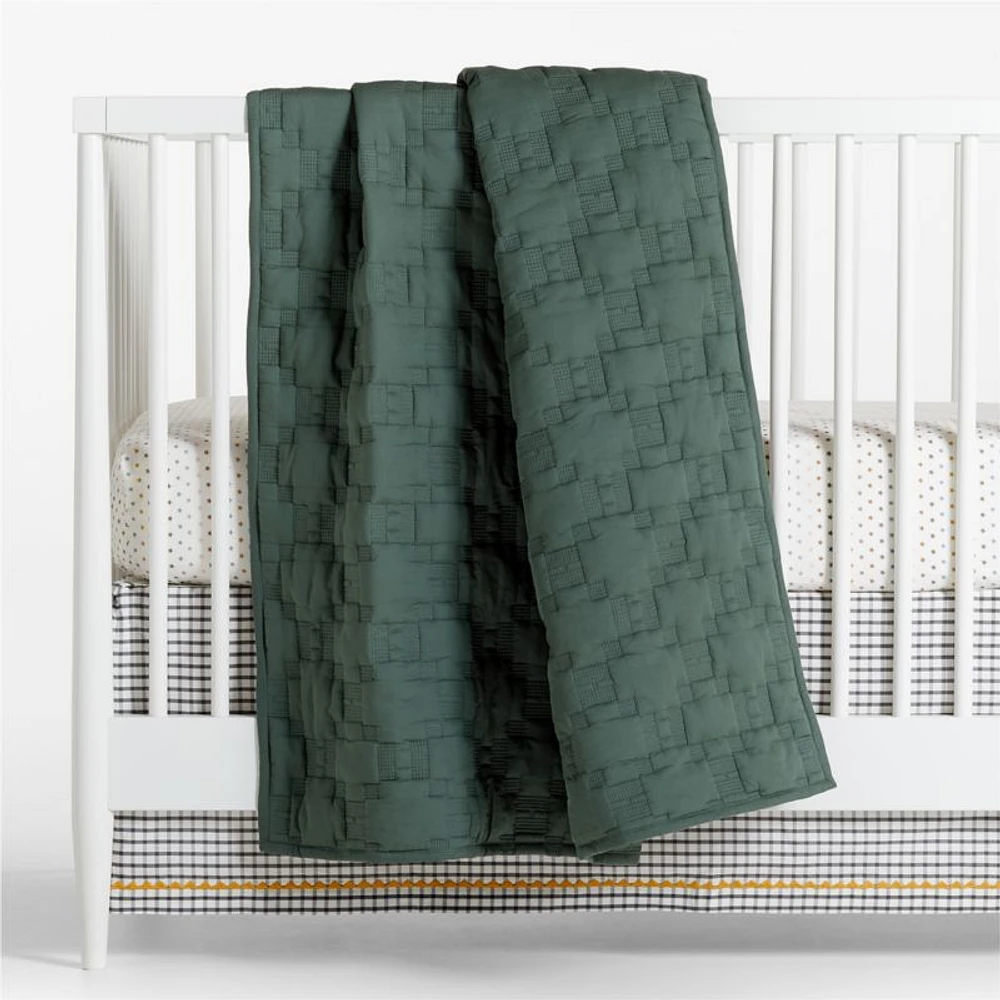 Pine Green Geometric Stitch Embroidered Cotton Baby Crib Quilt