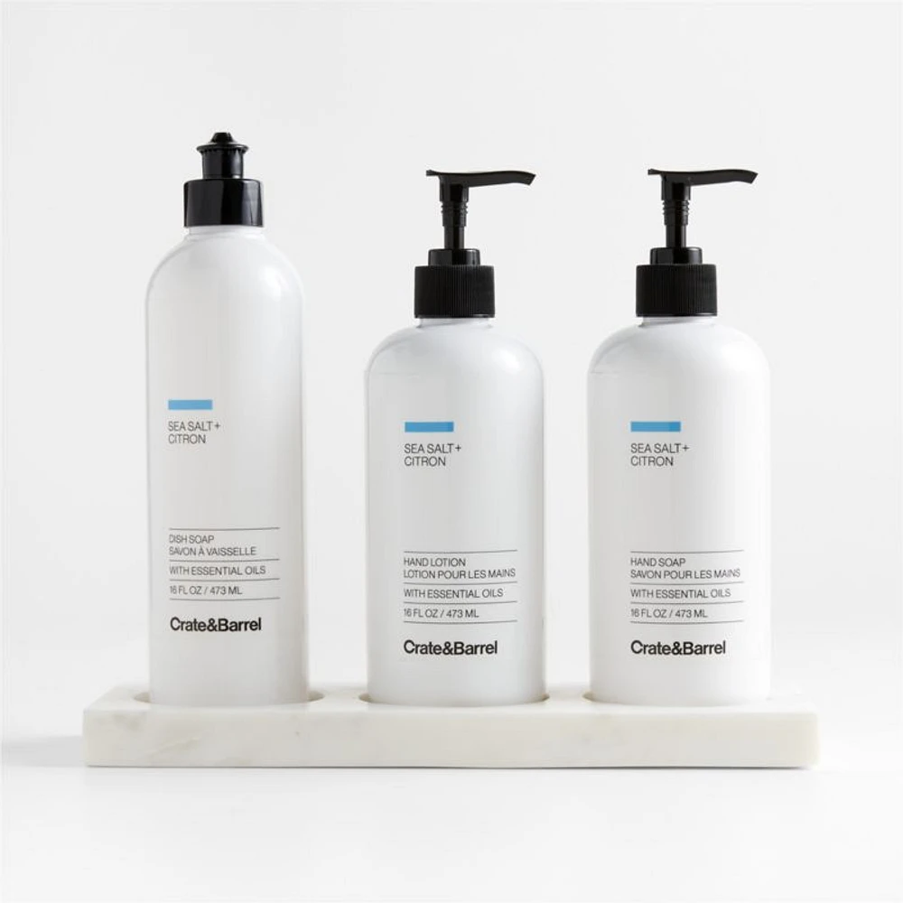 Sea Salt + Citron Hand Soap, Lotion and Dish Soap Set with White Marble Caddy