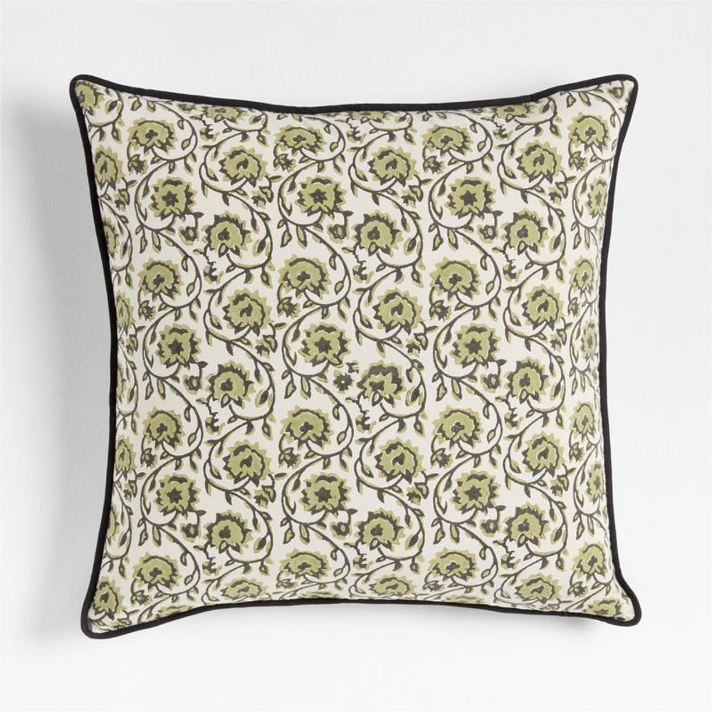 Washed Cotton 23x23 Olive Green Floral Reversible Hand Printed Throw Pillow Cover