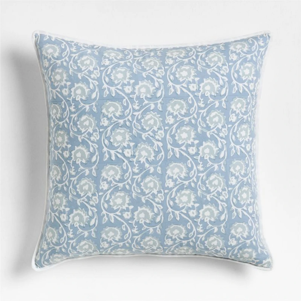 Washed Cotton 23x23 Ruka Blue Floral Reversible Hand Printed Throw Pillow Cover