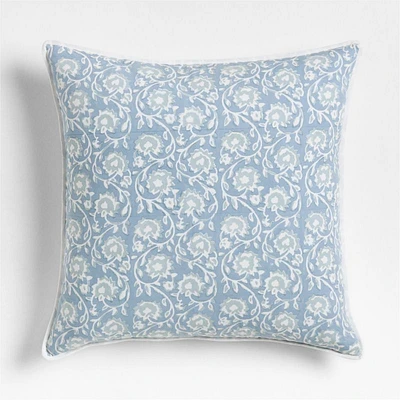 Washed Cotton 23x23 Ruka Blue Floral Reversible Hand Printed Throw Pillow Cover