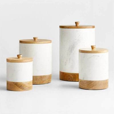 White Marble and Wood Canisters Set