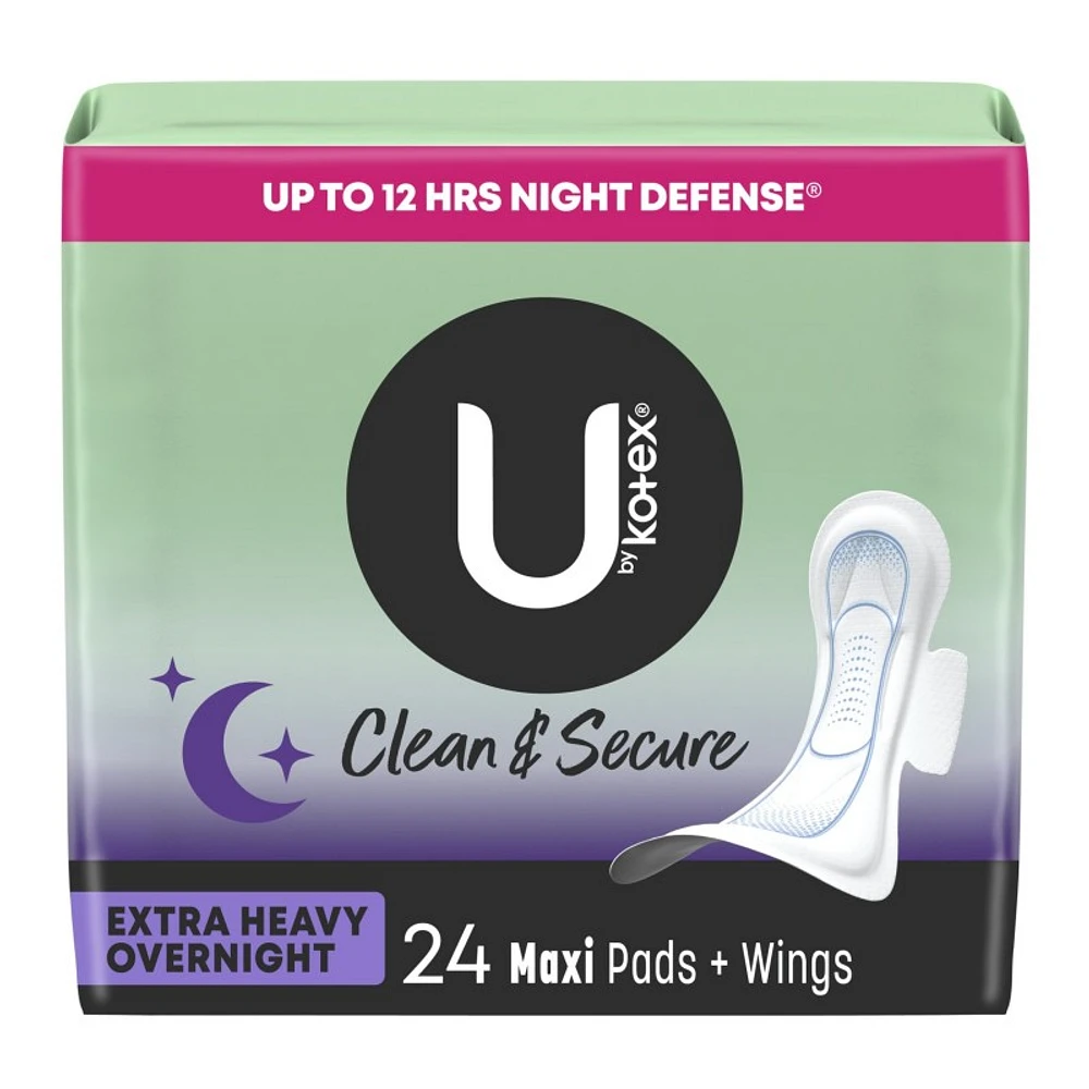 U by Kotex Clean & Secure Overnight Maxi Pads with Wings - Extra Heavy Absorbency - 24 Count