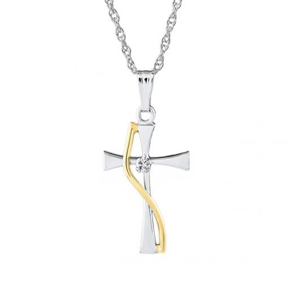 10K White & Yellow Gold Sash Diamond Set Cross