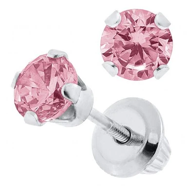 Children's Sterling Silver Pink Cubic Zirconia Safety Back Earrings