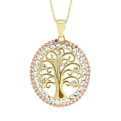 10K Tri-Colour Gold Oval Tree Pendant