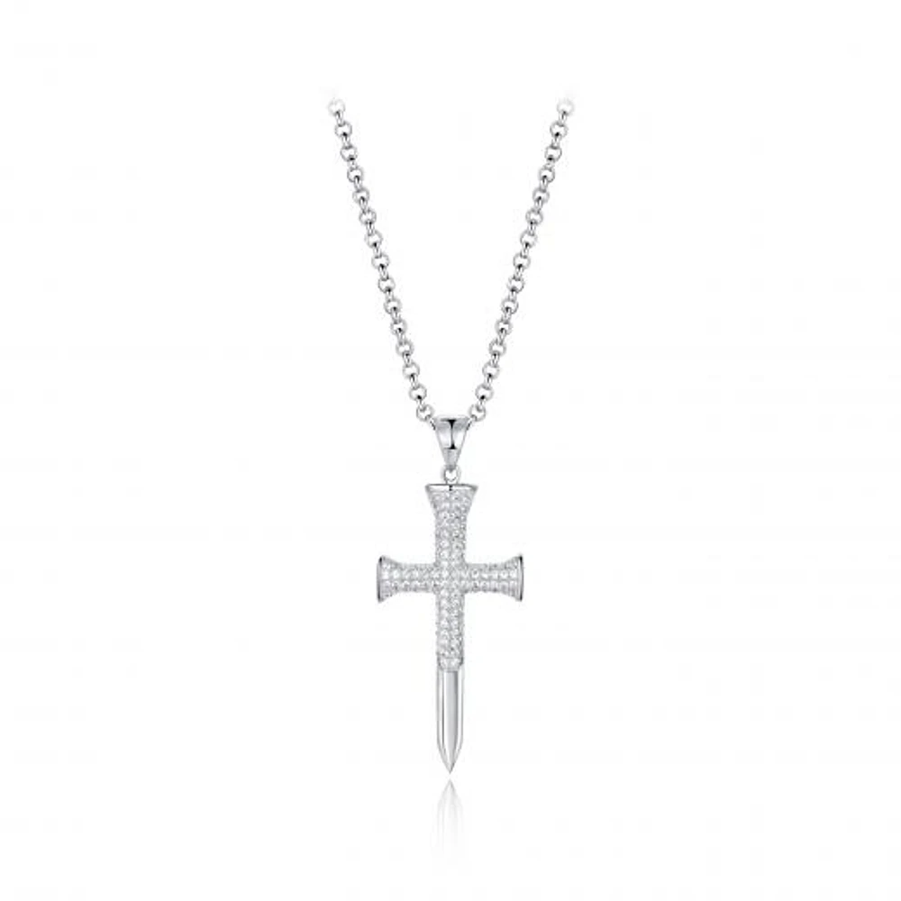 Sterling Silver Men's Cubic Zirconia Cross Pendant On Chain