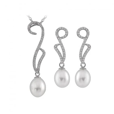 Fancy Silver Cubic Zirconia & Pearl 2 Piece Set