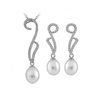 Fancy Silver Cubic Zirconia & Pearl 2 Piece Set