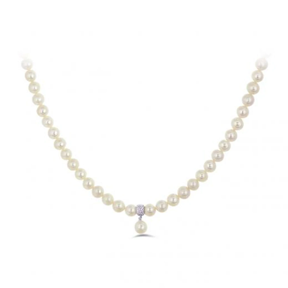 Sterling Silver 8-8.5mm White Pearl Cubic Zirconia Choker with Extender