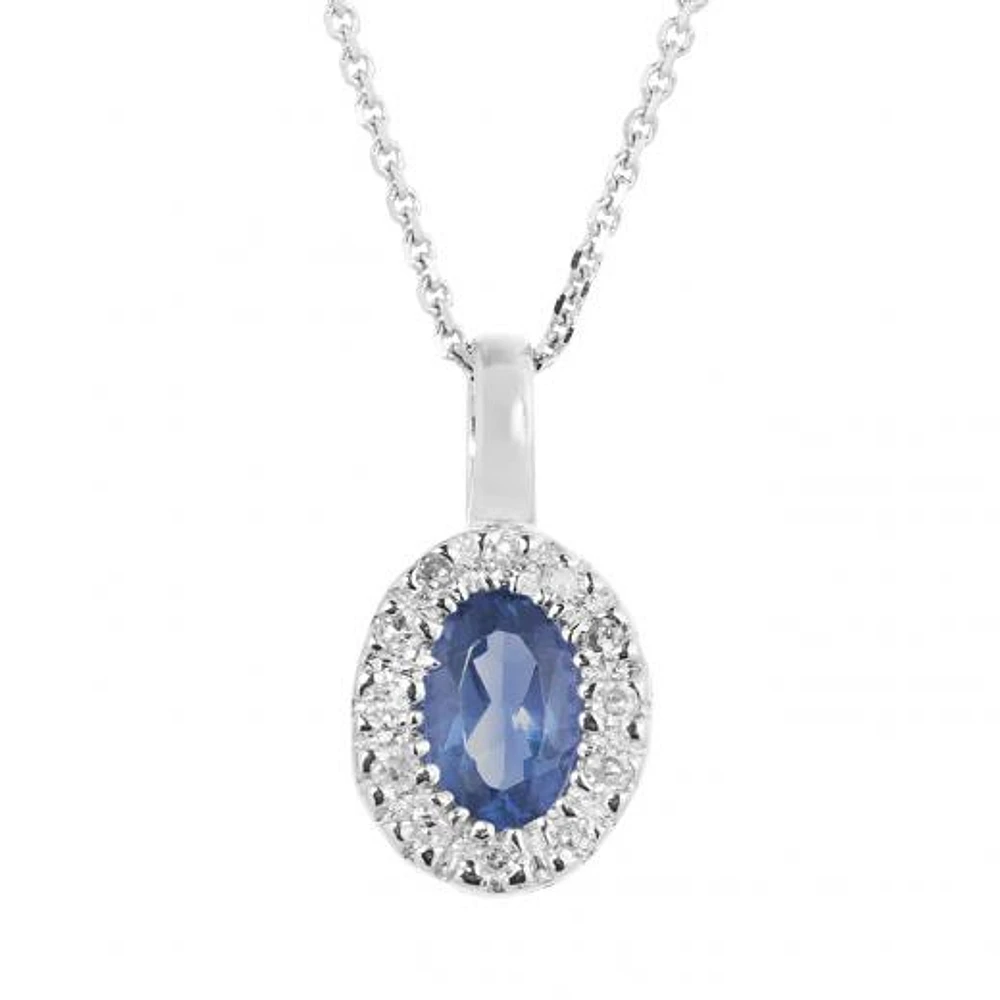 10K White Gold Sapphire & 0.05CTW Diamond Halo Pendant