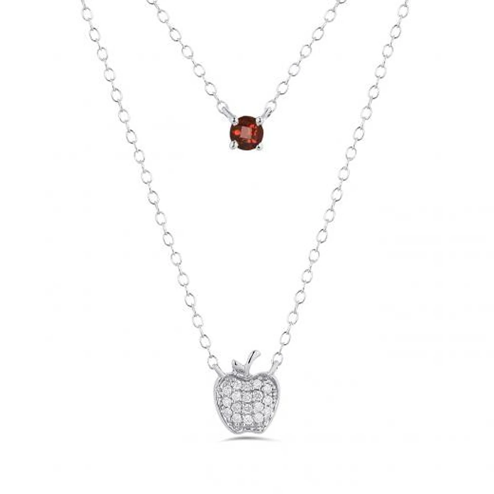 Enchanted Disney Sterling Silver 0.09CTW Apple Diamond & Garnet Necklace
