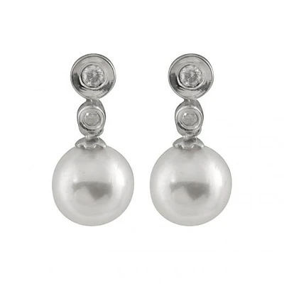 14K White Gold Round 7-7.5mm Chinese Akoya Pearl & Diamond Earrings