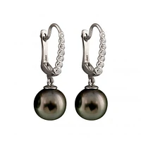 14K White Gold 8mm Tahitian Pearl & Diamond Earrings