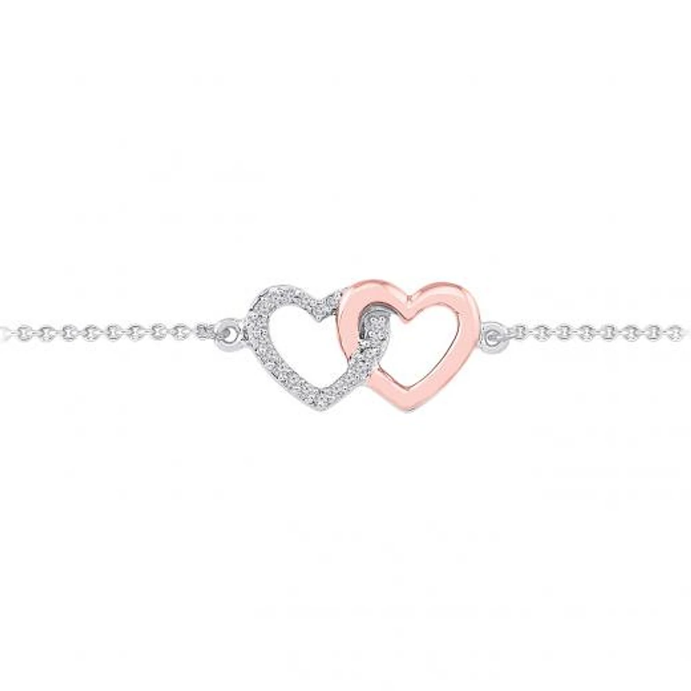 Sterling Silver 10K Rose Gold Diamond Heart Bracelet