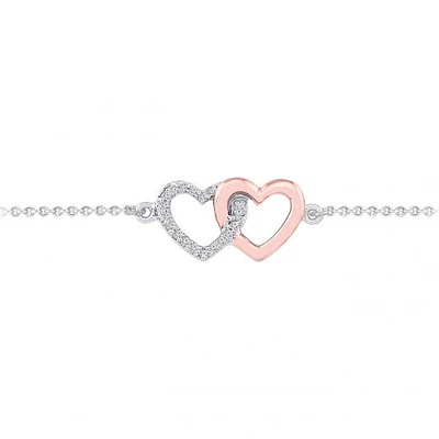 Sterling Silver 10K Rose Gold Diamond Heart Bracelet
