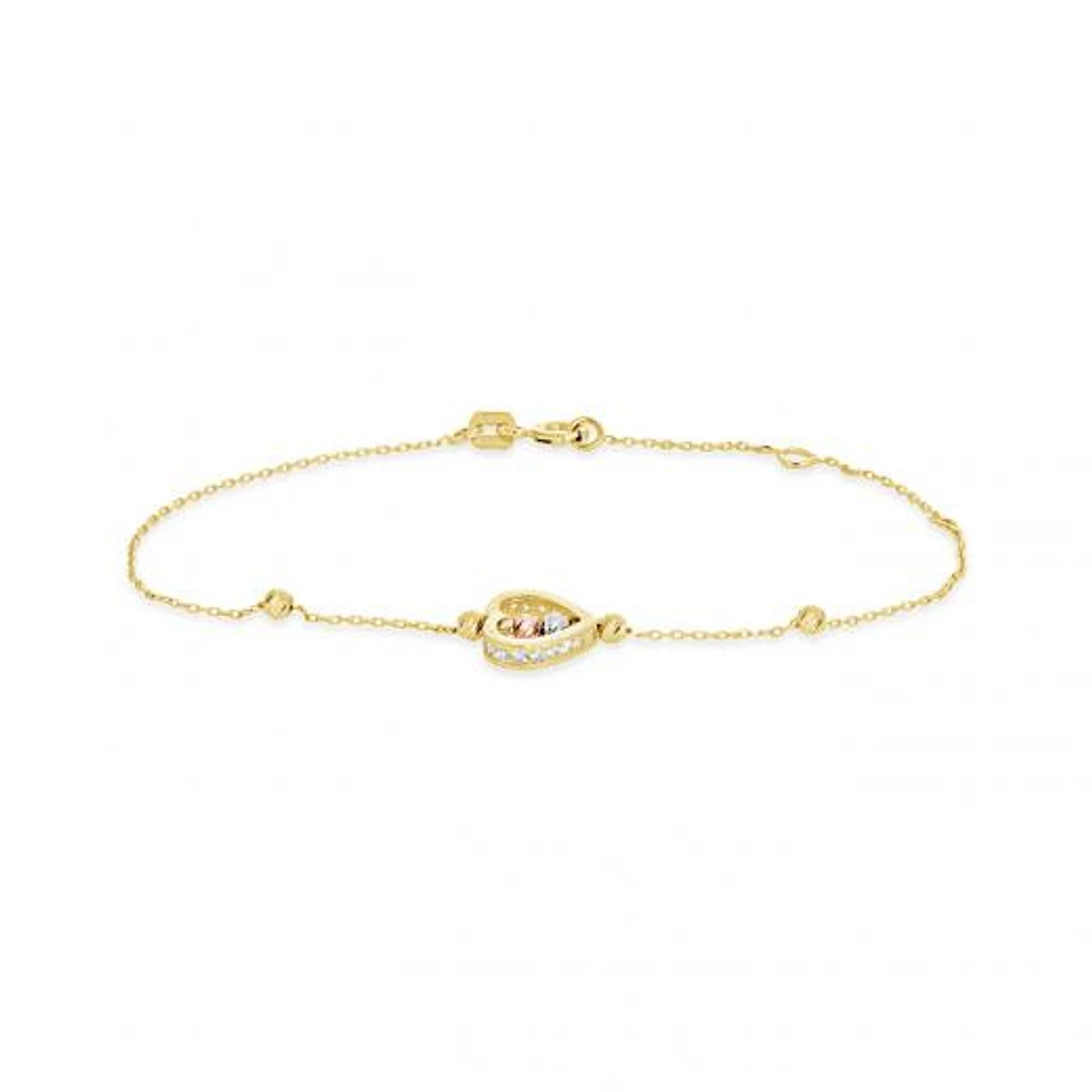 10K Yellow White and Rose Gold Heart and Ball Bracelet with Cubic Zirconia