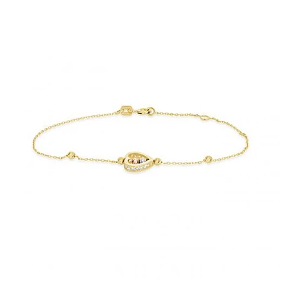 10K Yellow White and Rose Gold Heart and Ball Bracelet with Cubic Zirconia
