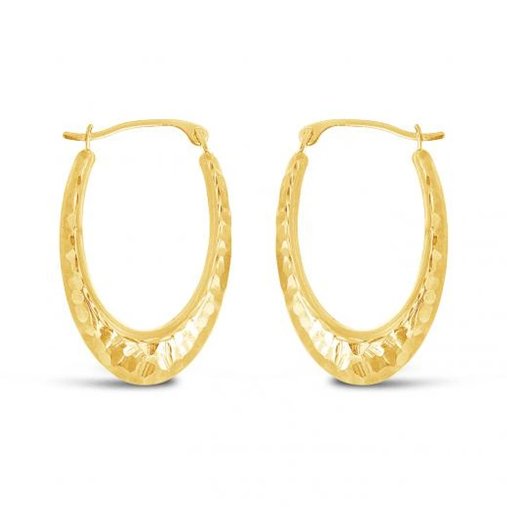 10K Yellow and White Gold Diamond Cut Oval Creole Hoops