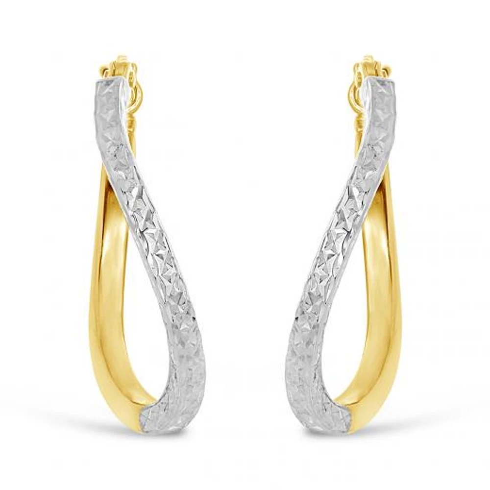 10K Yellow and White Gold Diamond Cut Twisted Hoops
