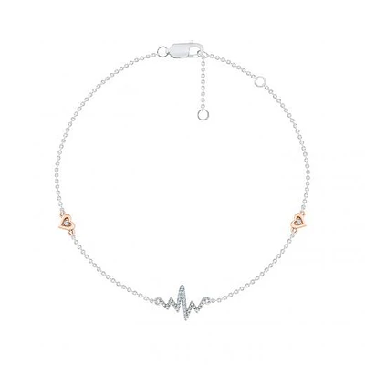 Sterling Silver 10K Rose Gold Diamond Heartbeat Bracelet