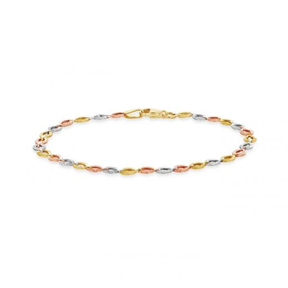 10K Yellow White and Rose Gold Diamond Cut Links Bracelet