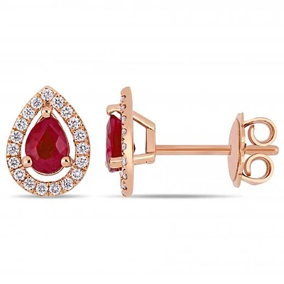 Julianna B 14K Rose Gold Ruby & 0.20CTW Diamond Teardrop Halo Stud Earrings