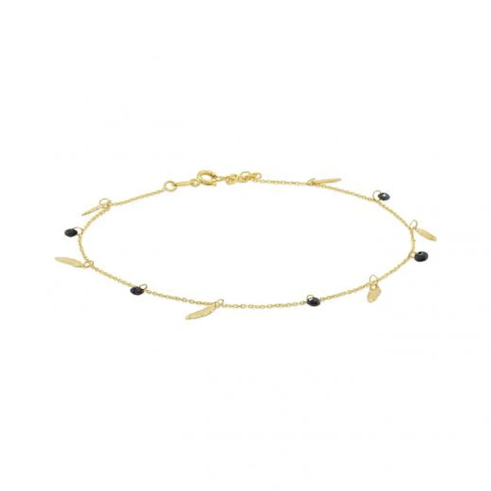 10K Yellow Gold Black CZ 10+1" Leaf Anklet