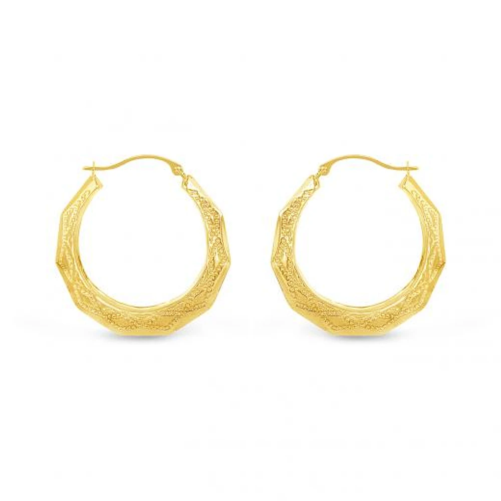 10K Yellow Gold Patterned Round Creole Earrings