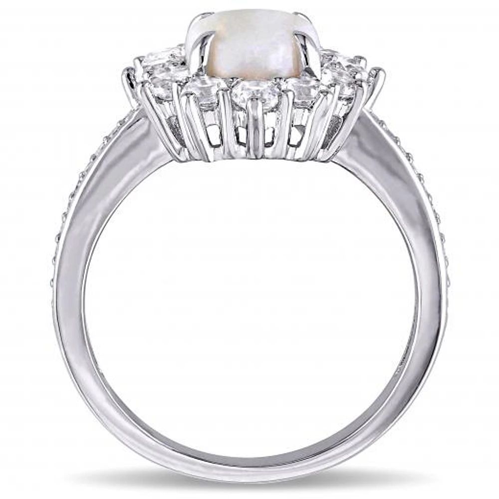Julianna B Sterling Silver Opal and 0.10CTW Diamond and White Topaz Halo Ring