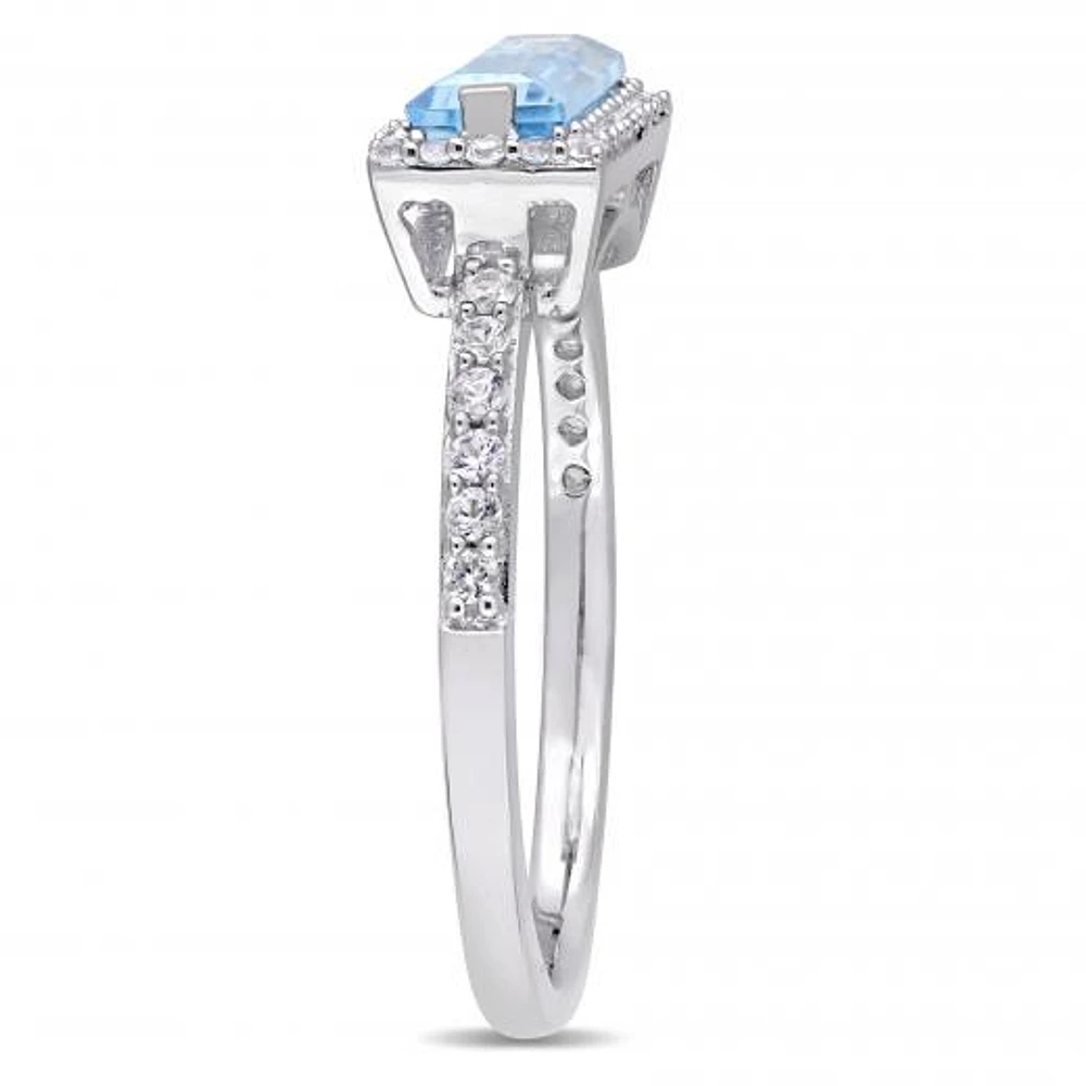 Julianna B Sterling Silver Baguette-Cut Blue Topaz and White Sapphire Halo Ring