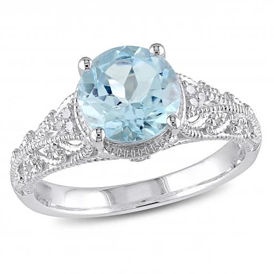Julianna B Sterling Silver Blue Topaz and Diamond Solitaire Vintage Ring