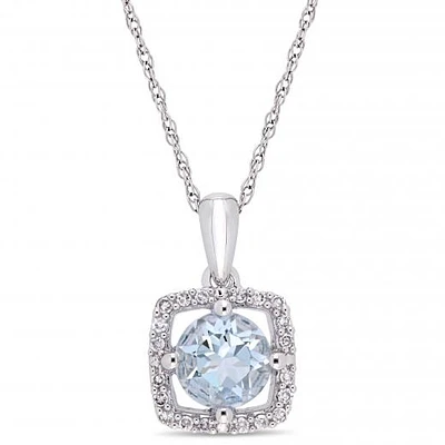 Julianna B 10K White Gold Aquamarine and Diamond Square Halo Pendant with Chain