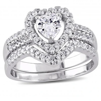 Julianna B Sterling Silver Heart-Shape Cubic Zirconia Halo Bridal Set