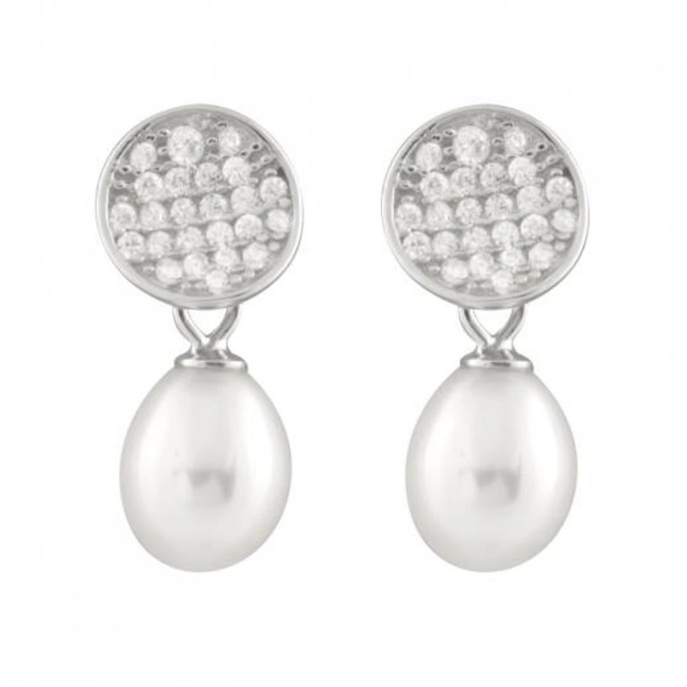 Sterling Silver 7.5-8mm White Freshwater Pearl Cubic Zirconia Earrings