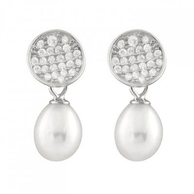 Sterling Silver 7.5-8mm White Freshwater Pearl Cubic Zirconia Earrings